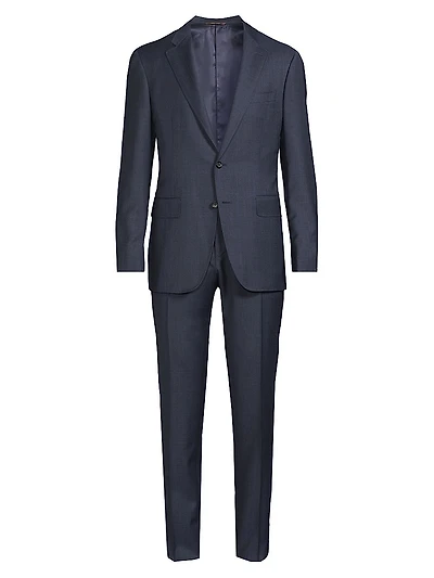 Windowpane Check Wool Trim-Fit Single-Breasted Suit