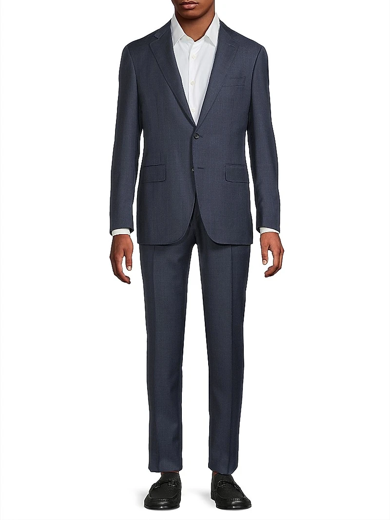 Windowpane Check Wool Trim-Fit Single-Breasted Suit