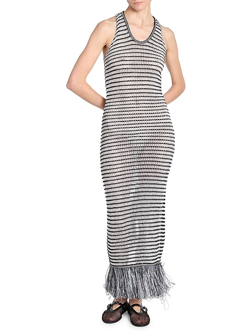 Striped Knit Fringe Maxi Dress