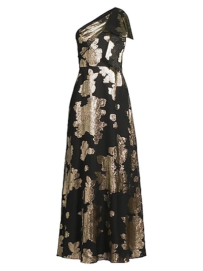 Floral Metallic One-Shoulder Gown