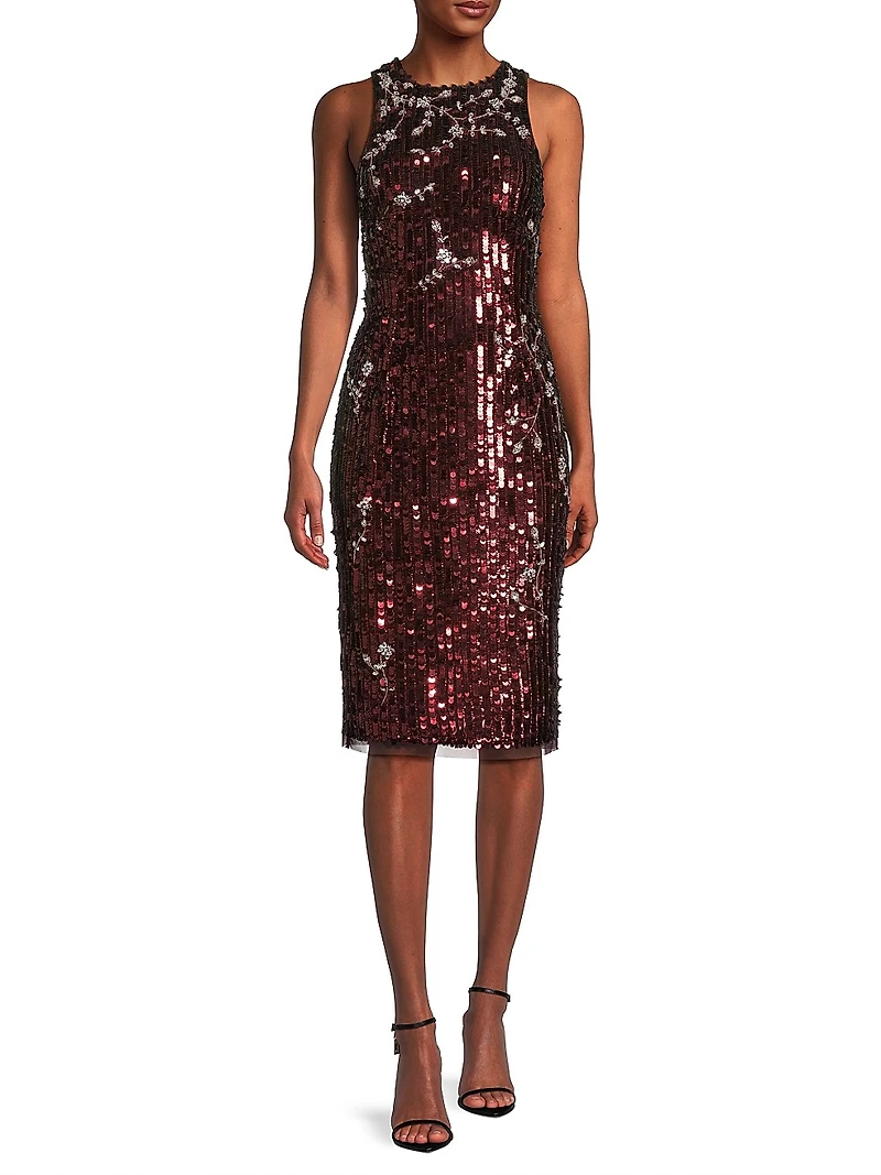 Floral Sequined Sleeveless Midi-Dress