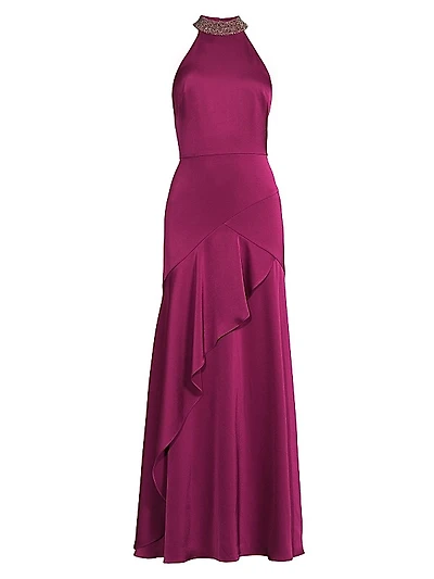 Crystal-Embellished Satin Sleeveless Mermaid Gown