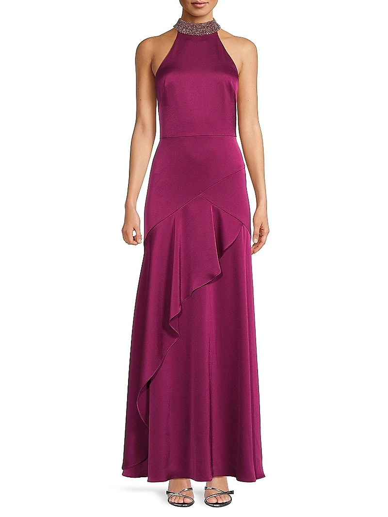 Crystal-Embellished Satin Sleeveless Mermaid Gown