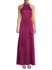 Crystal-Embellished Satin Sleeveless Mermaid Gown