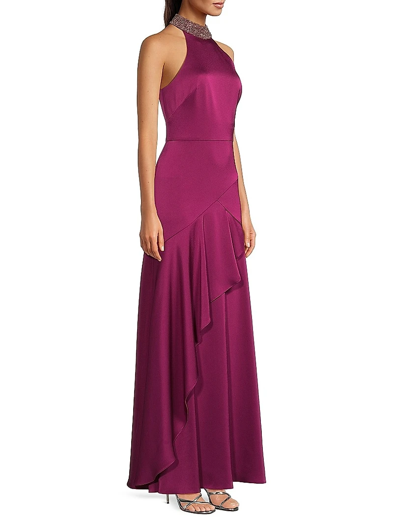 Crystal-Embellished Satin Sleeveless Mermaid Gown