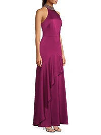 Crystal-Embellished Satin Sleeveless Mermaid Gown