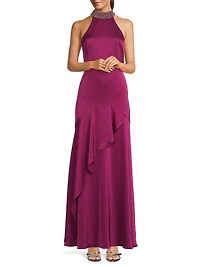 Crystal-Embellished Satin Sleeveless Mermaid Gown