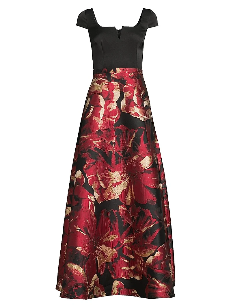 Floral Satin Short-Sleeve Gown