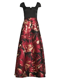 Floral Satin Short-Sleeve Gown