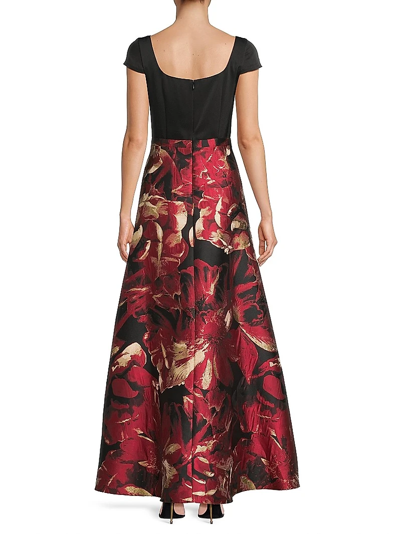 Floral Satin Short-Sleeve Gown