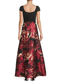 Floral Satin Short-Sleeve Gown