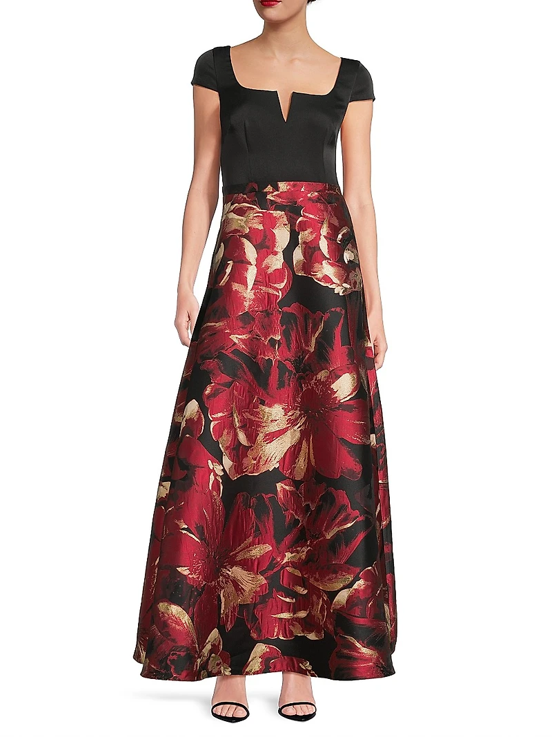 Floral Satin Short-Sleeve Gown