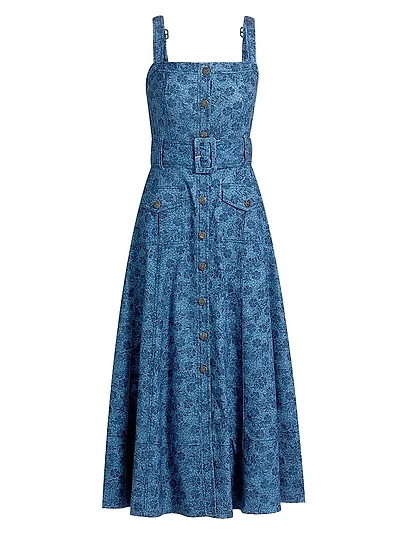 Vega Floral Denim Fit-N-Flare Midi-Dress