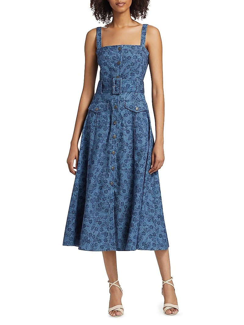 Vega Floral Denim Fit-N-Flare Midi-Dress