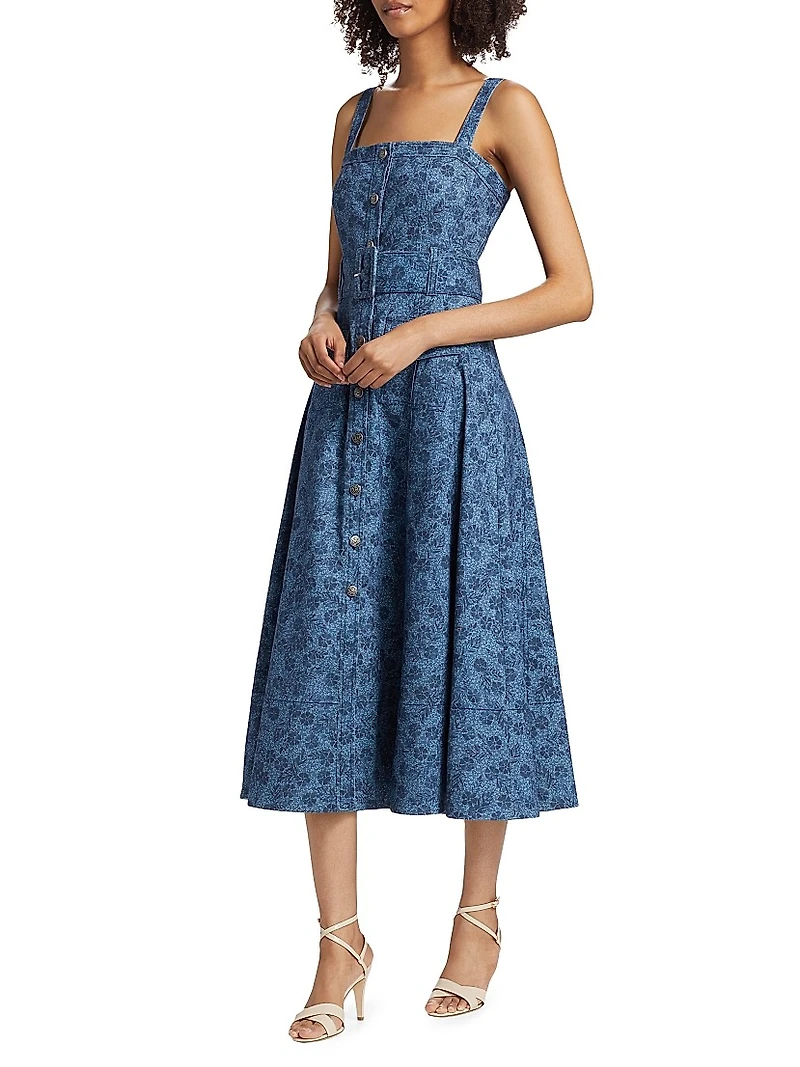 Vega Floral Denim Fit-N-Flare Midi-Dress