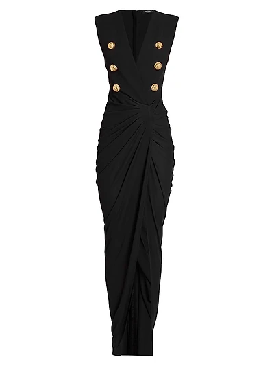 Faux-Button Draped Maxi Dress