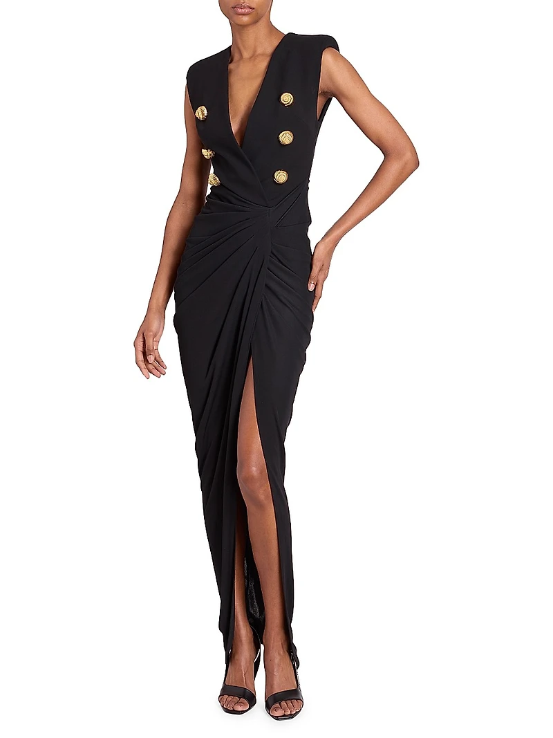 Faux-Button Draped Maxi Dress