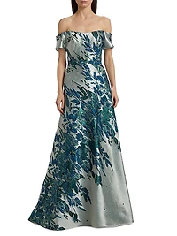 Border Jacquard Off-The-Shoulder Gown