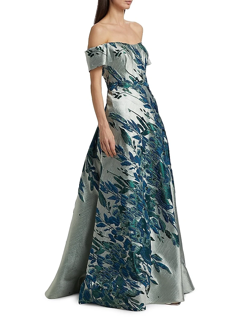 Border Jacquard Off-The-Shoulder Gown