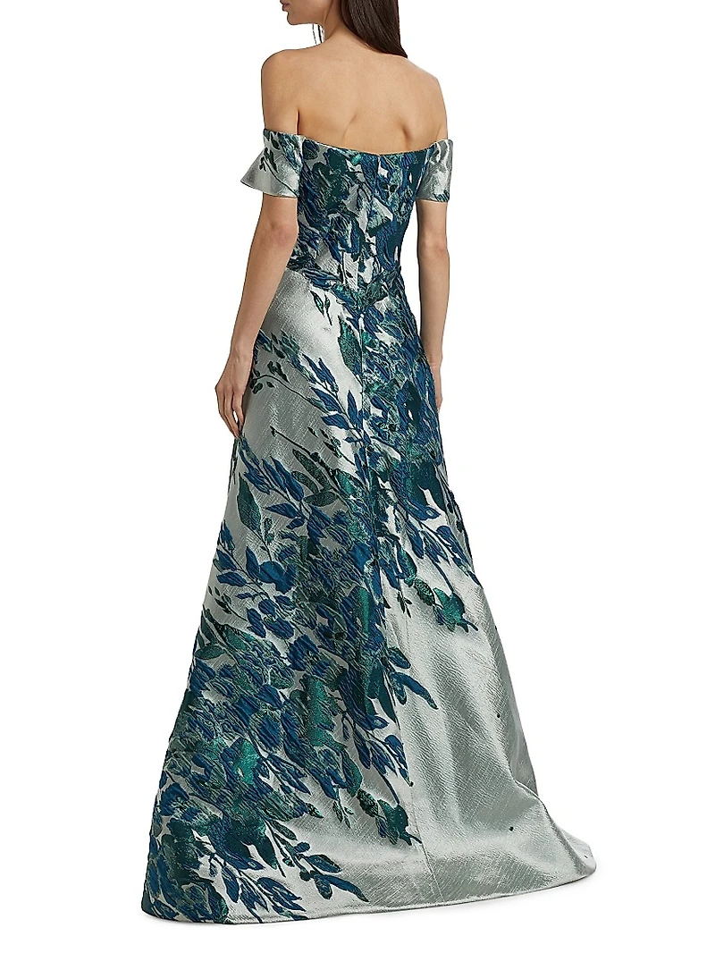 Border Jacquard Off-The-Shoulder Gown