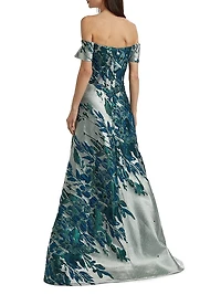 Border Jacquard Off-The-Shoulder Gown
