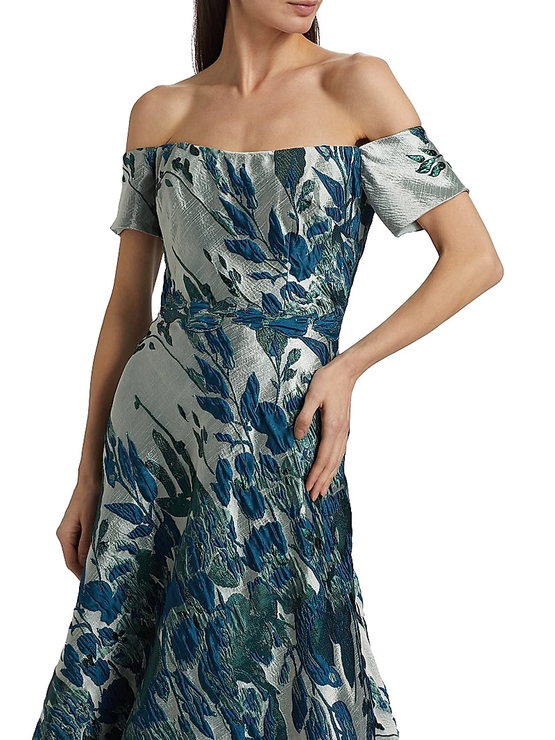 Border Jacquard Off-The-Shoulder Gown