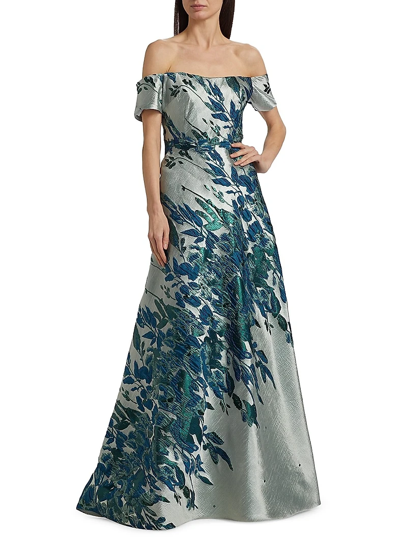 Border Jacquard Off-The-Shoulder Gown