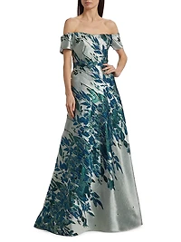Border Jacquard Off-The-Shoulder Gown