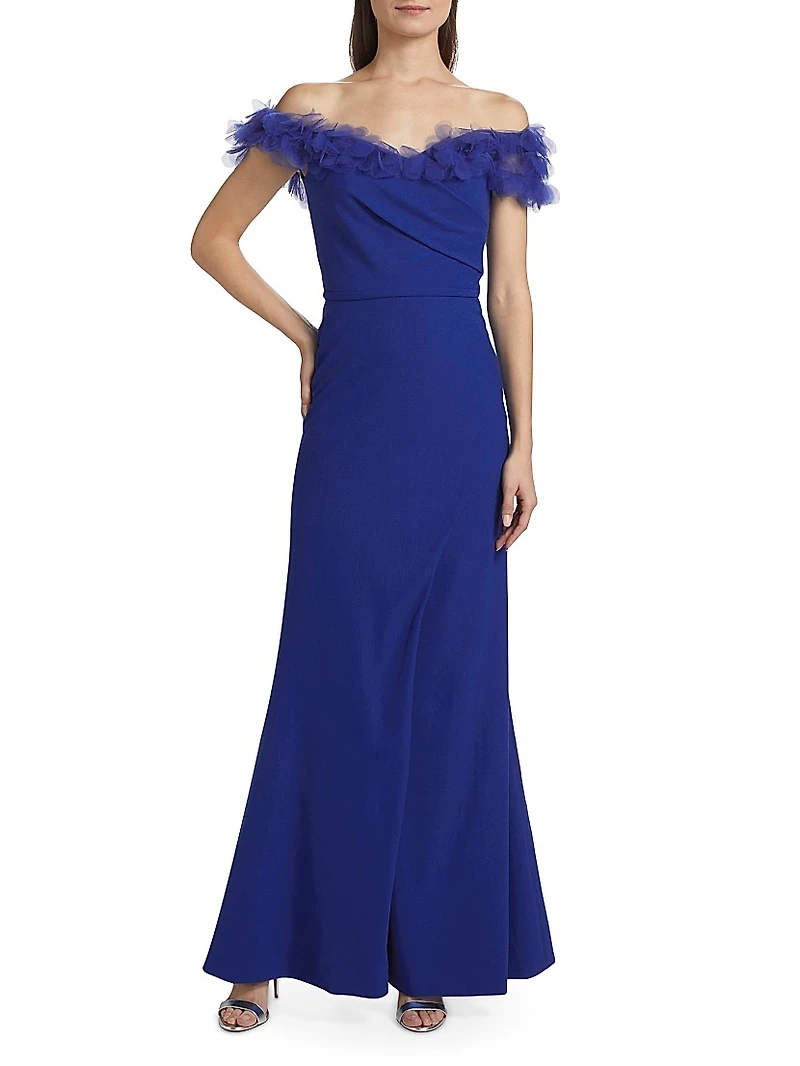 Tulle Flower & Crepe Column Gown