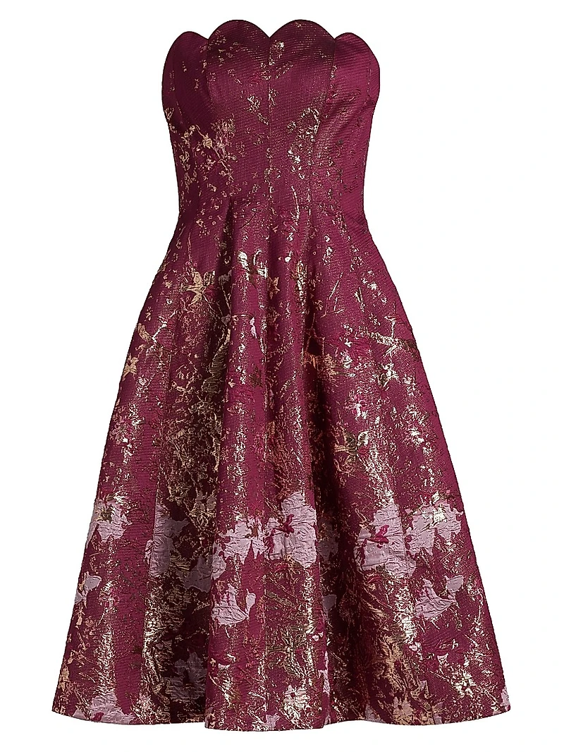Scalloped Brocade Strapless Cocktail Dress