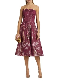 Scalloped Brocade Strapless Cocktail Dress