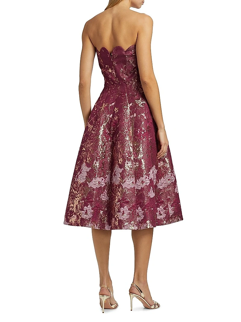 Scalloped Brocade Strapless Cocktail Dress