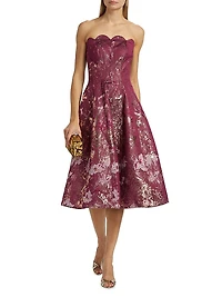 Scalloped Brocade Strapless Cocktail Dress