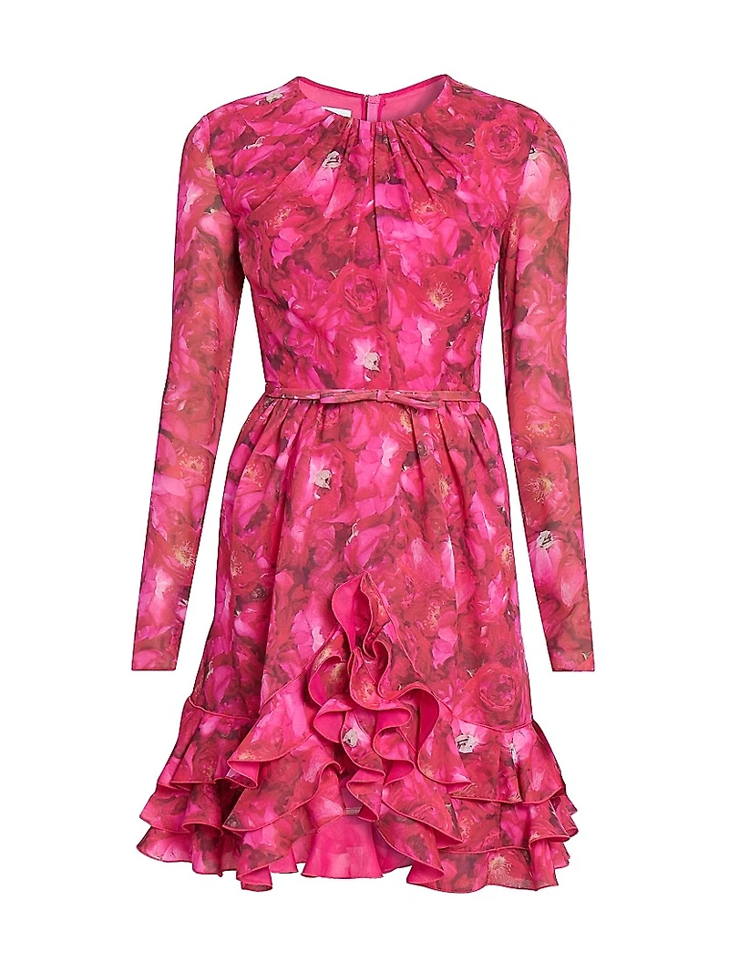 Floral Silk Long-Sleeve Minidress