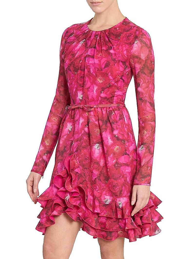 Floral Silk Long-Sleeve Minidress