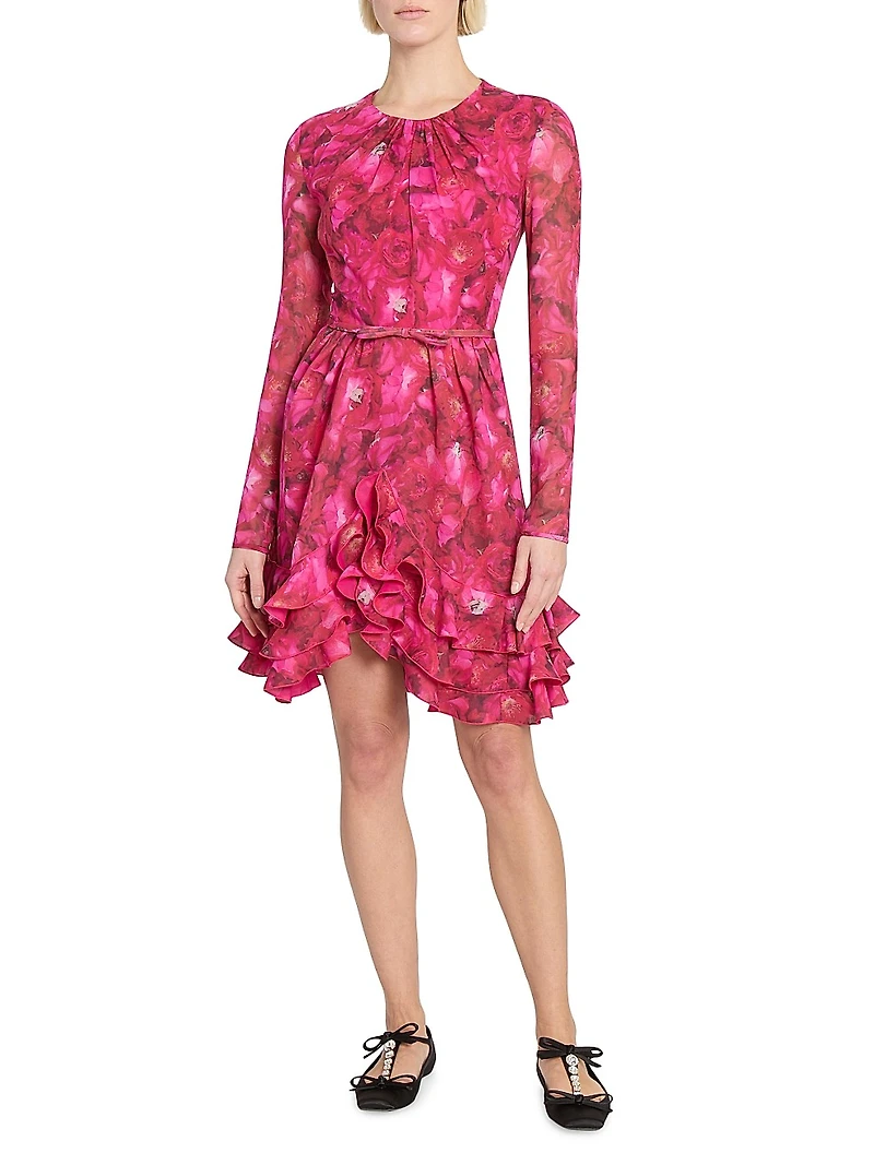Floral Silk Long-Sleeve Minidress