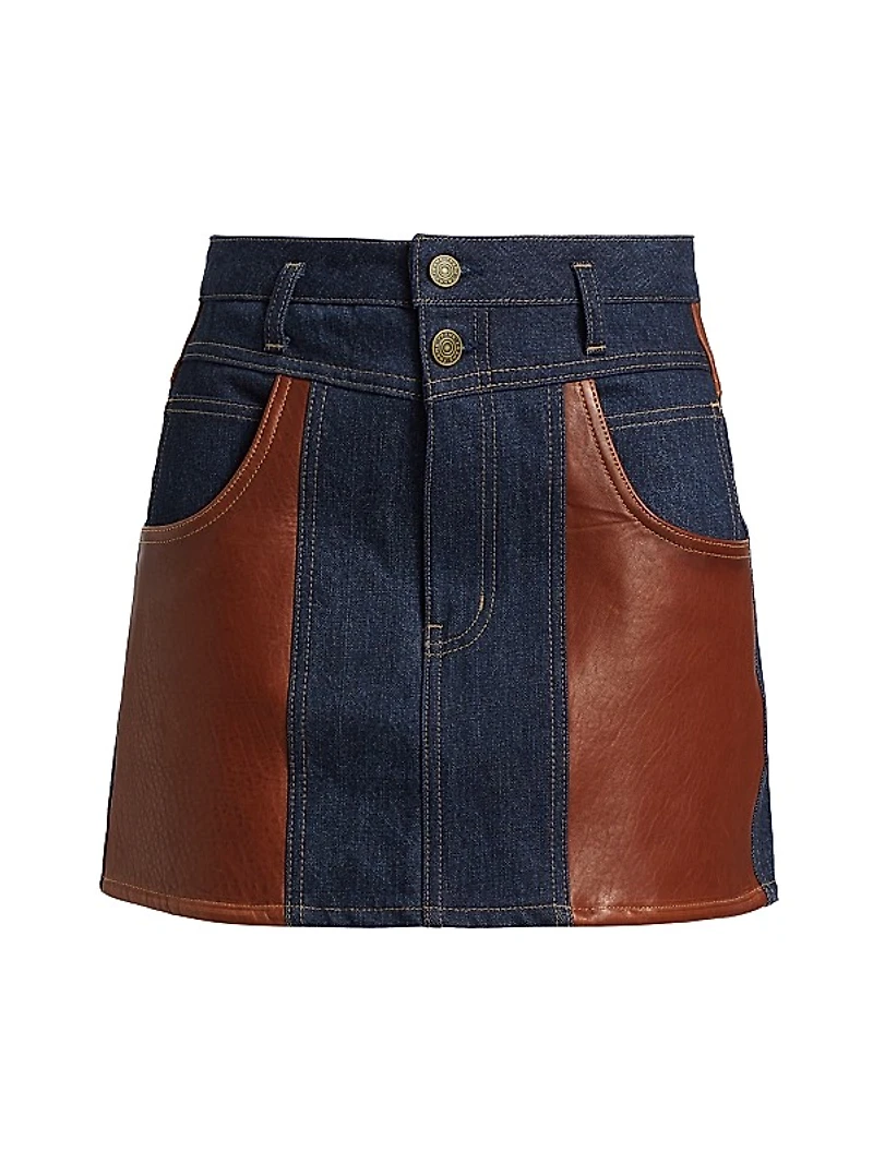 Denim Leather-Paneled Miniskirt