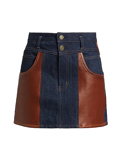 Denim Leather-Paneled Miniskirt