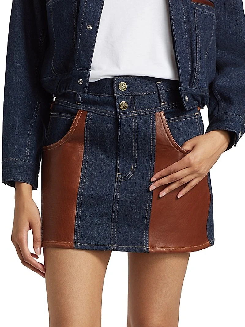 Denim Leather-Paneled Miniskirt