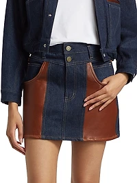Denim Leather-Paneled Miniskirt