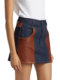 Denim Leather-Paneled Miniskirt