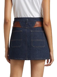 Denim Leather-Paneled Miniskirt