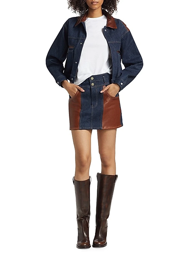 Denim Leather-Paneled Miniskirt