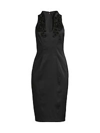 Floral Beaded Appliqué Satin Midi-Dress