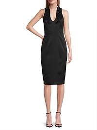 Floral Beaded Appliqué Satin Midi-Dress