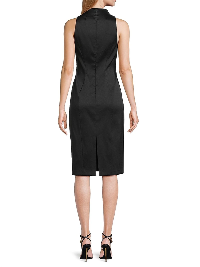 Floral Beaded Appliqué Satin Midi-Dress