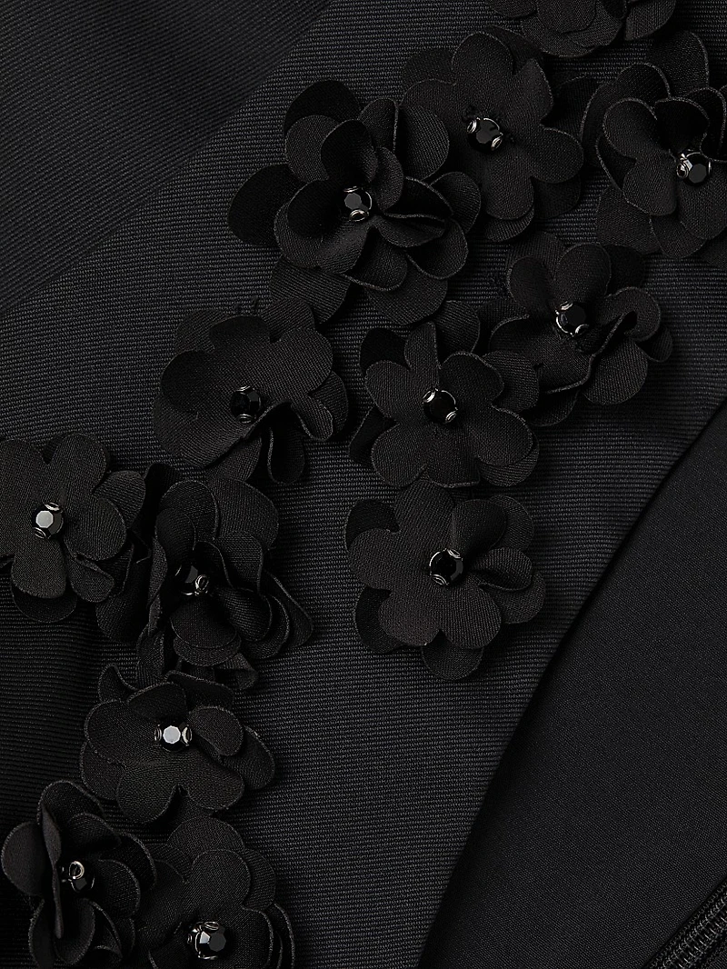Floral Beaded Appliqué Satin Midi-Dress