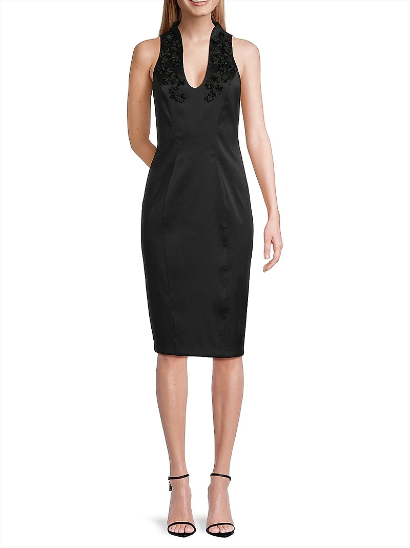 Floral Beaded Appliqué Satin Midi-Dress