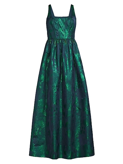 Abstract Jacquard Satin Maxi Gown