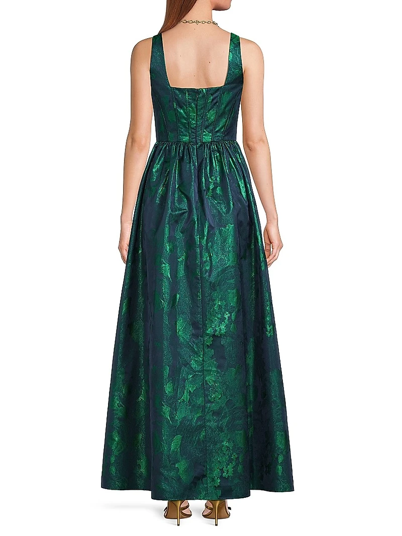 Abstract Jacquard Satin Maxi Gown
